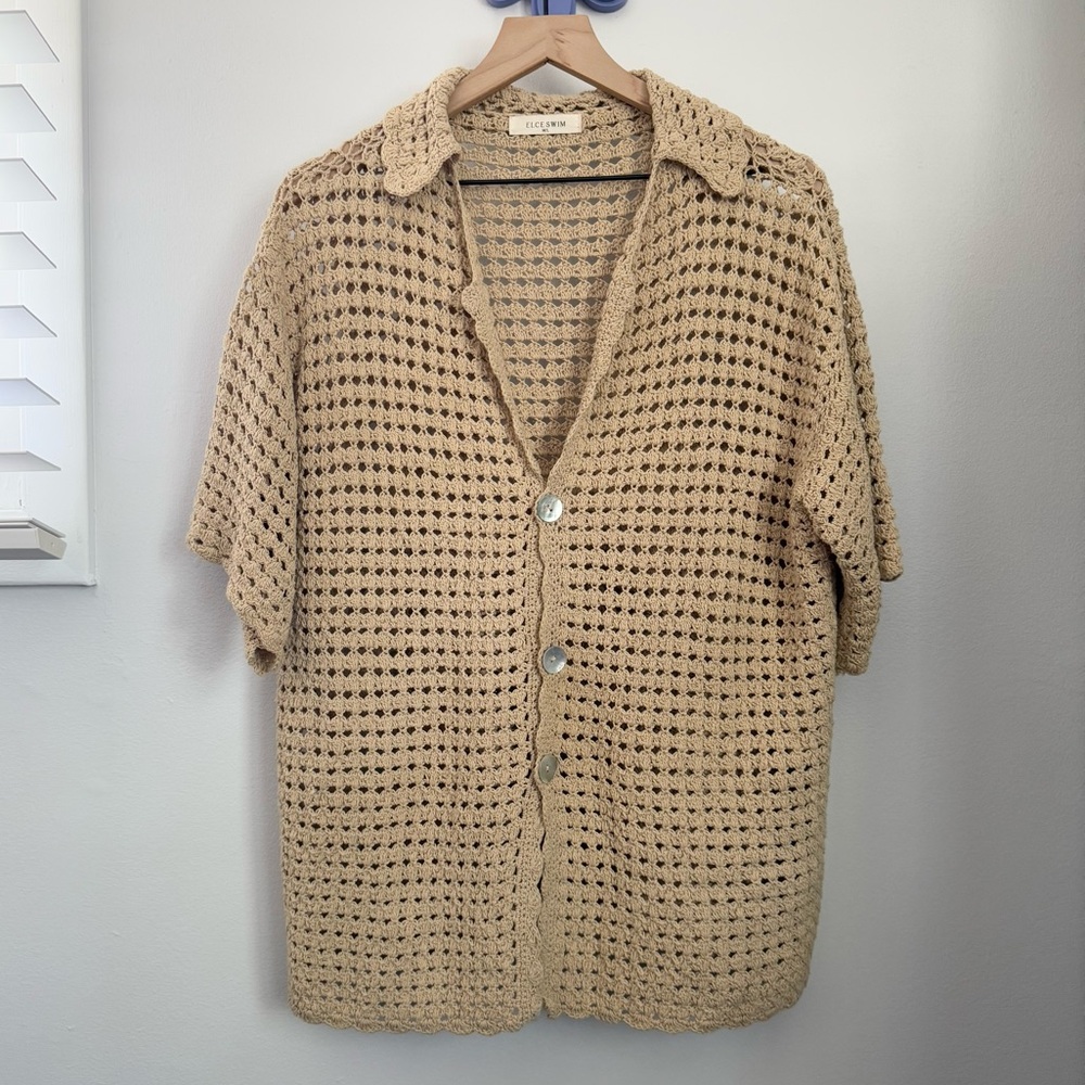 Elce Swim Medium/Large Reverie Crochet Shirt Tan Beige Beach Boho Oversized